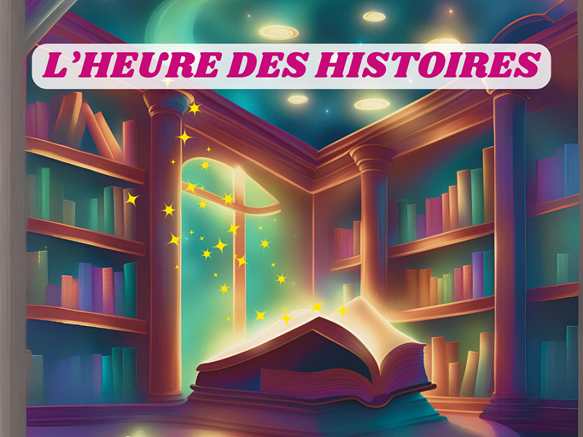 Une bibliothèque et un livre ouvert au centre de la pièce et des étoiles qui sortent du livre