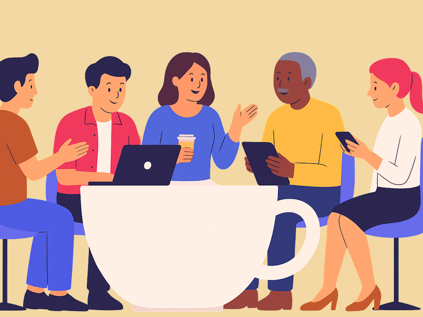 Une table en forme de tasse de café, un ordinateur posé dessus et des gens en train de parler autour avec une tabelette et un téléphone
