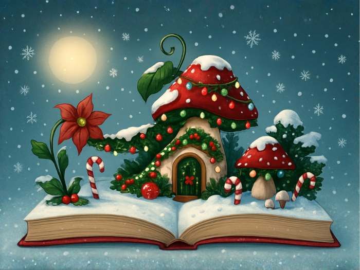 Un livre ouvert avec un champignon rouge sous la neige avec des sucres d'orge et des petits sapins, pendant la nuit avec la lune