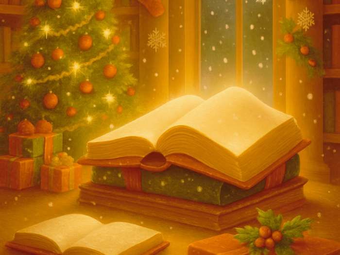 Un livre ouvert au centre de la pièce, un sapin et des cadeauxc de Noël à côté