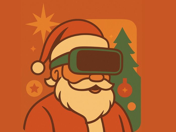 Le Père Noël avec un casque de réalité virtuelle sur le visage sur fond rouge et un sapin
