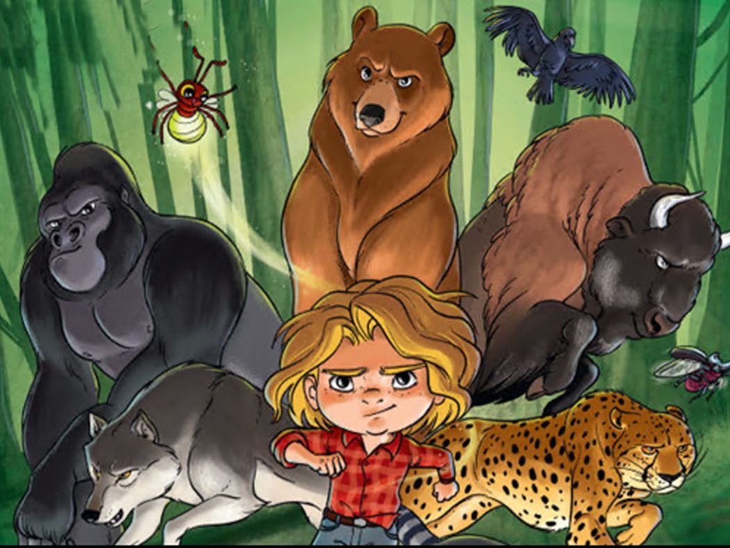Jack, personnage d'"Animal Jack" avec différents animaux autour de lui dans une forêt
