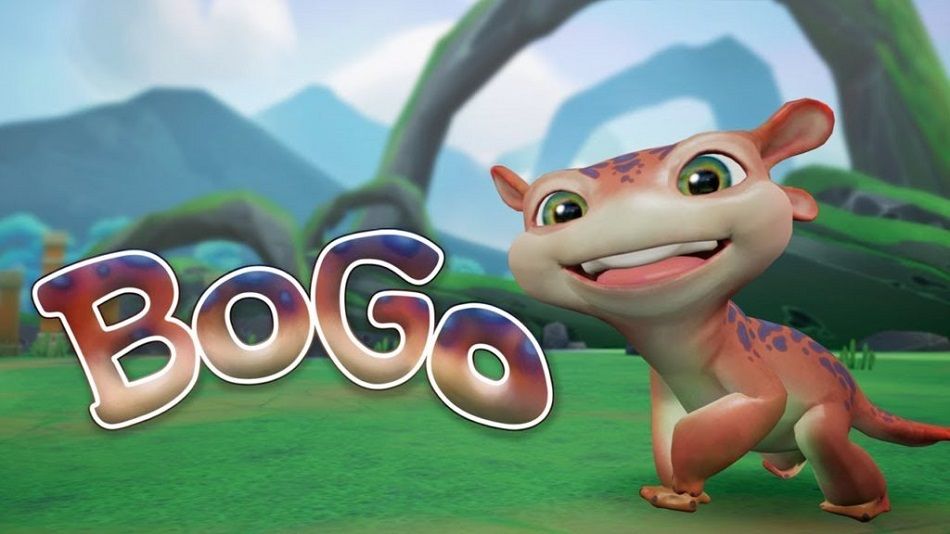 Un petit dinosaure avec marqué "Bogo" en marron à côté dans un décor de montagnes