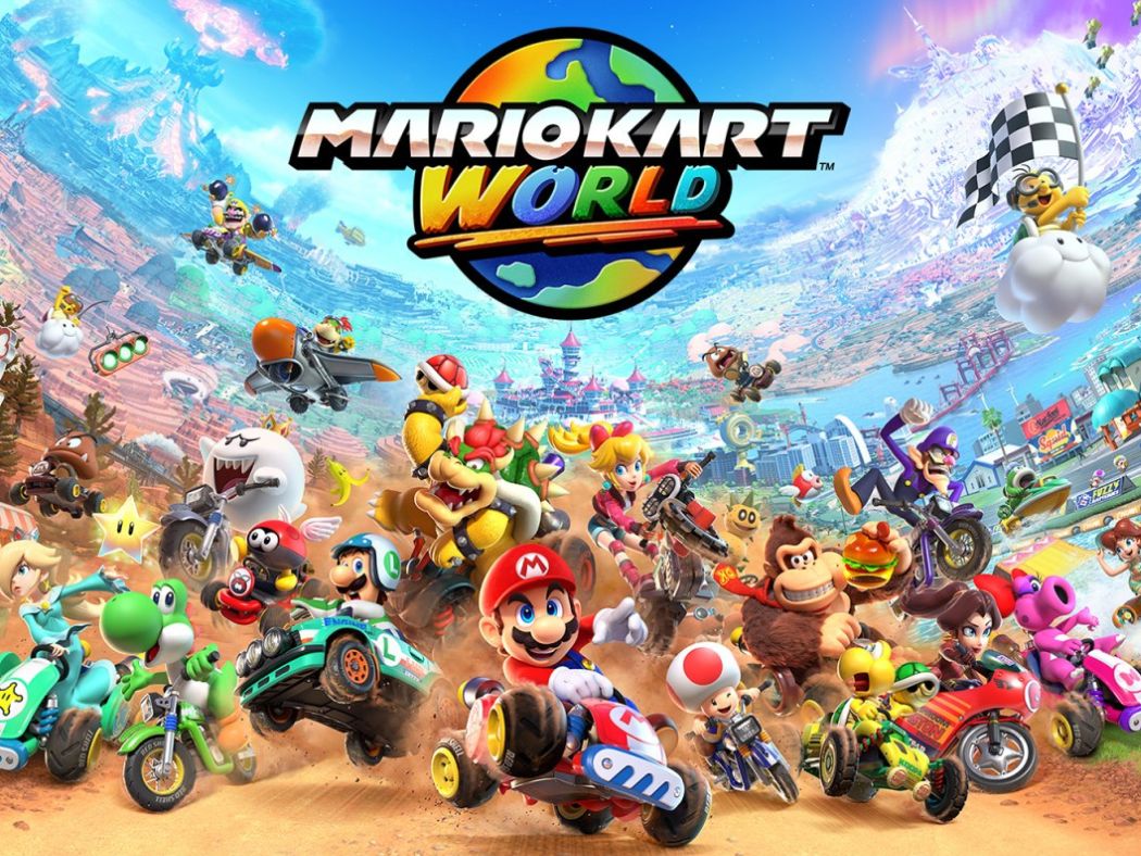 Personnages de Mario Kart et "Mario Kart world" au dessus