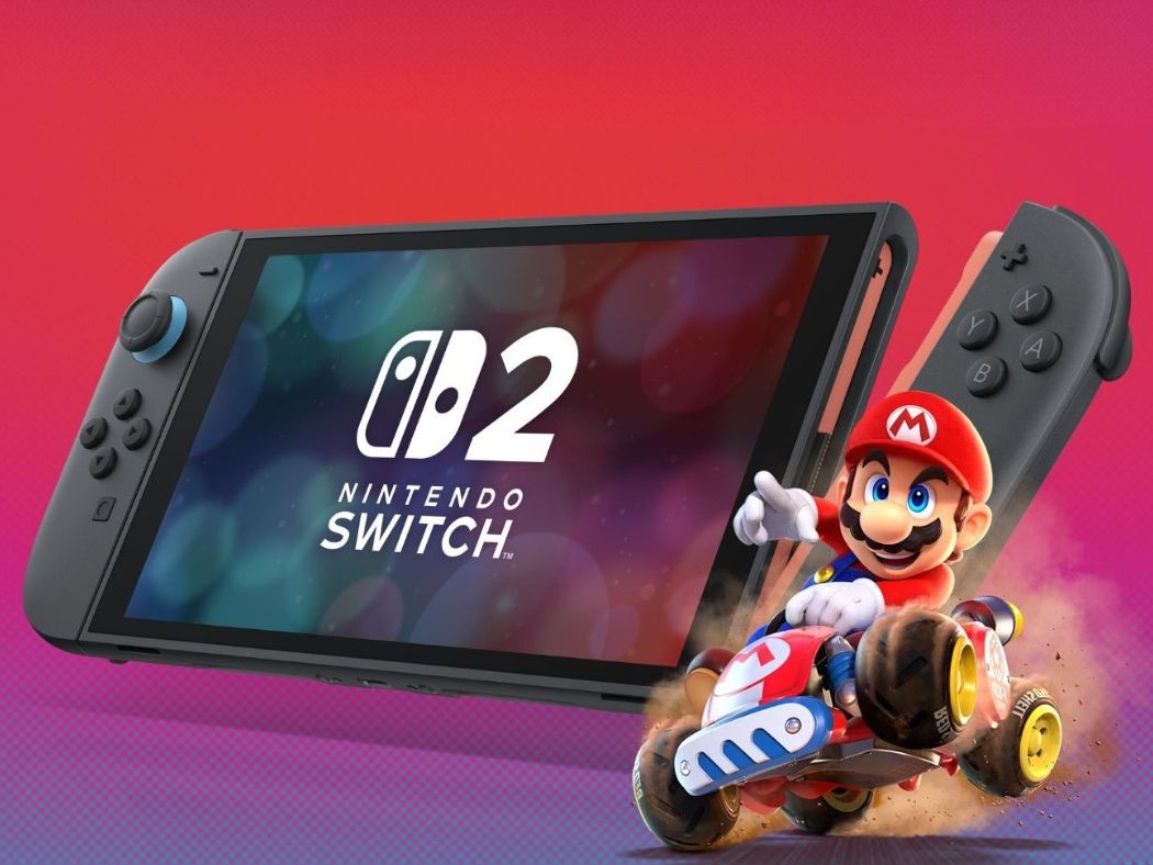 Une console Nintendo switch 2 avec mario Kart devant sur un fond rouge