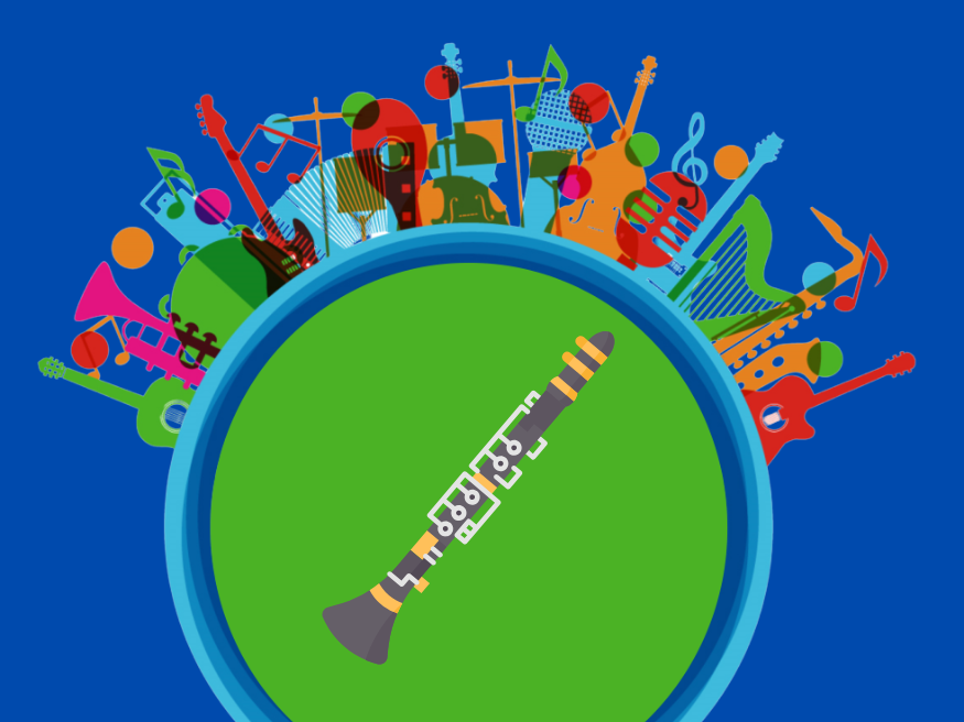 Un rond vert avec divers instruments de différentes couleurs autour et une clarinette à l'intérieur