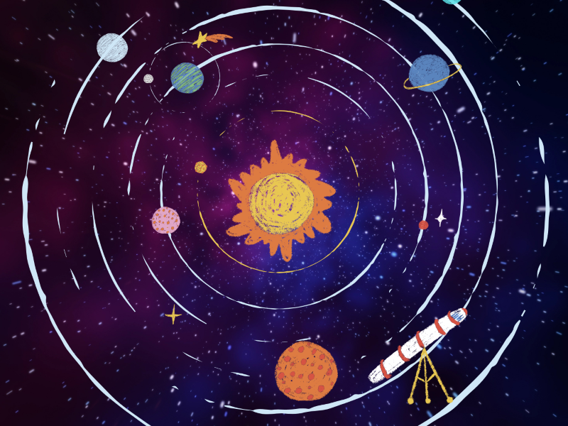 Les planètes du système solaire orbitant autour du soleil et un téléscope