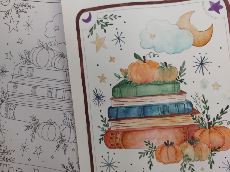 Deux cartes de tarot une peinte, et une vierge. Elles ont des livres, des citrouilles, des nauges et la lune dessinées dessus