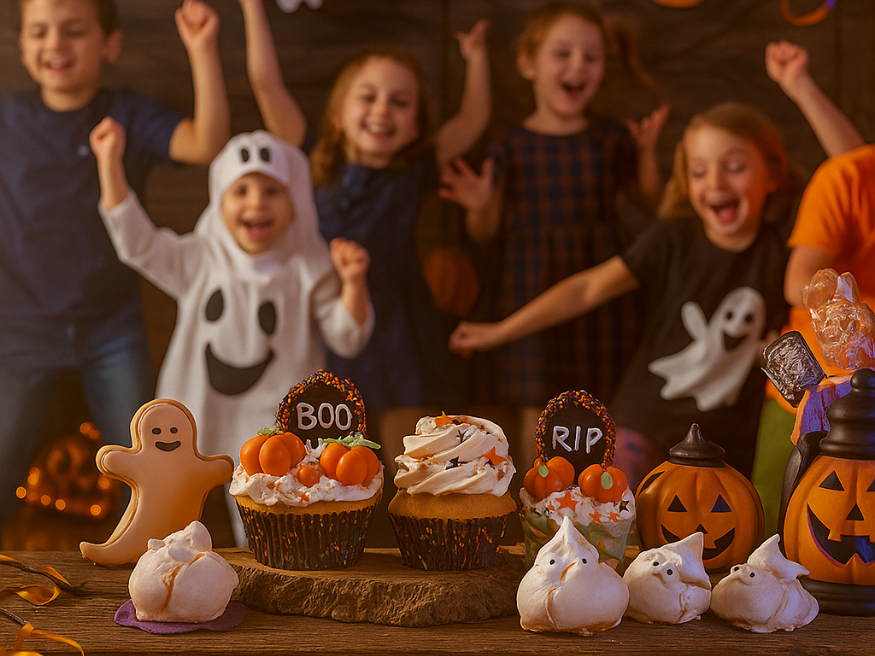 Des enfants déguisés et contents derrière des gâteaux avec pour thème Halloween