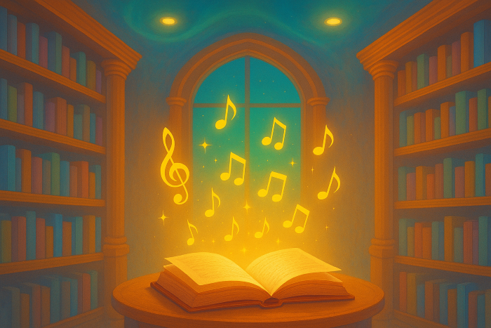Une bibliothèque et un livre ouvert au centre de la pièce et des notes de musique qui sortent du livre