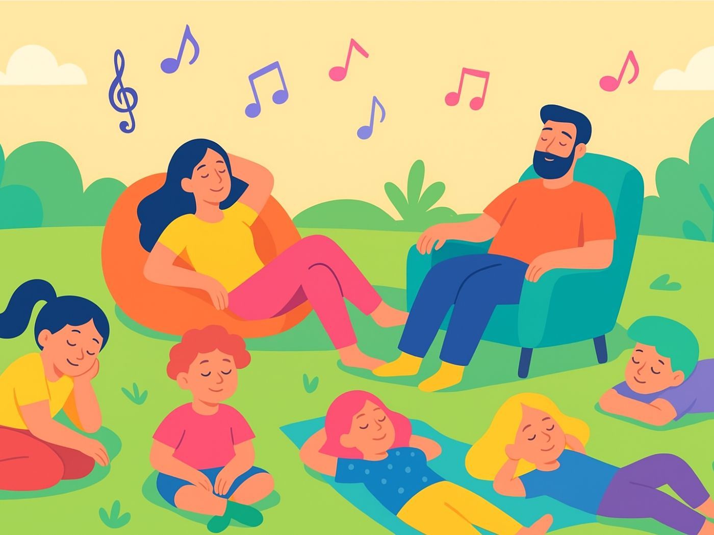 Une famille en train de faire la sieste et des notes de musique au dessus d'eux