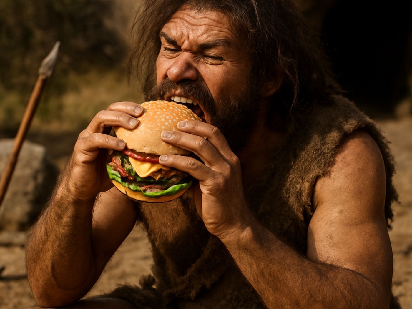 Un homme préhistorique qui mange un hamburger