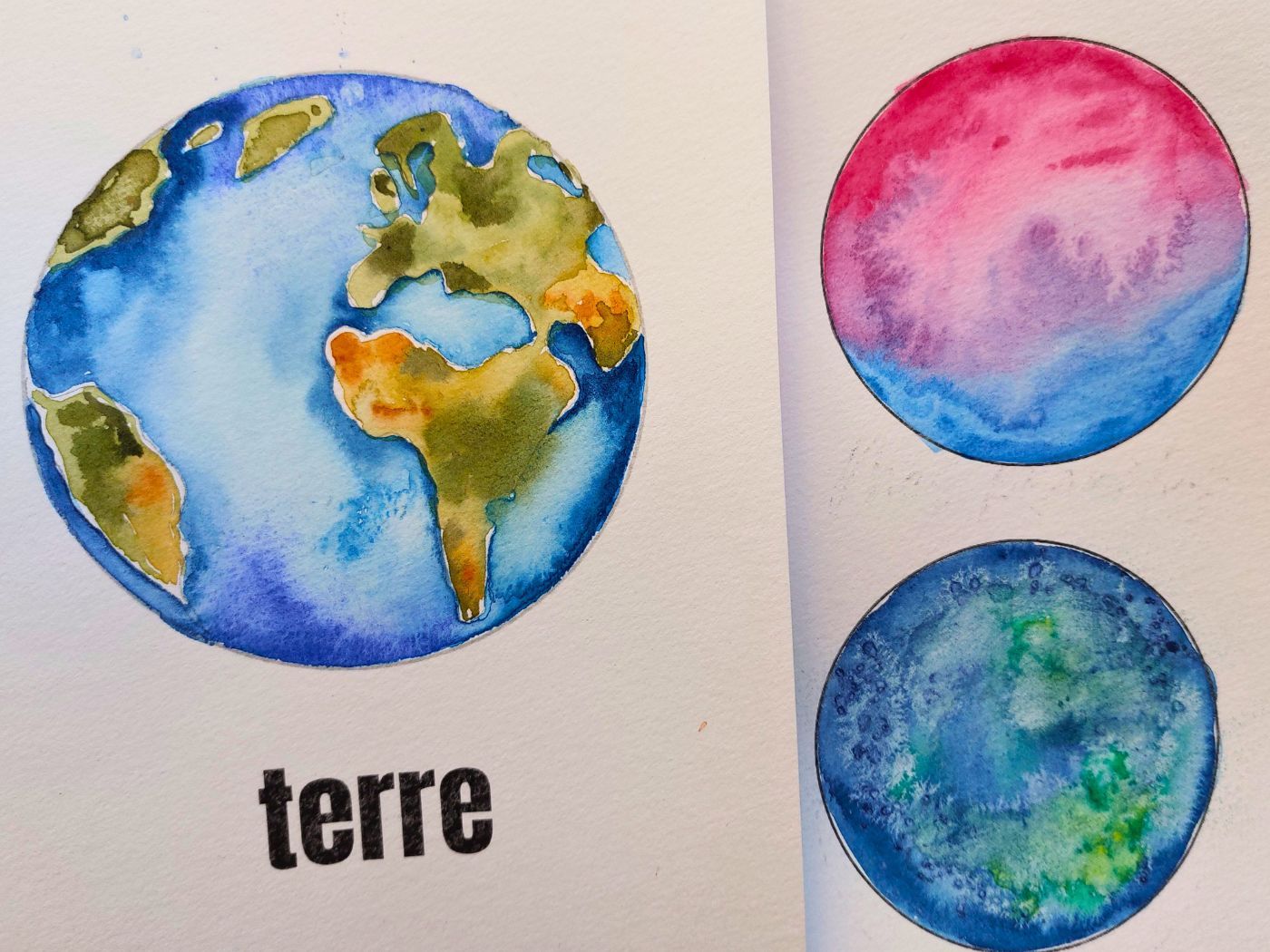 Planètes faites à l'aquarelle (Terre et planètes imaginaires)
